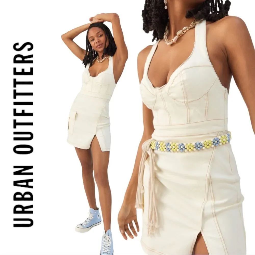 NEW Urban Outfitters UO Jenny Denim Ivory Bustier Mini Dress M L